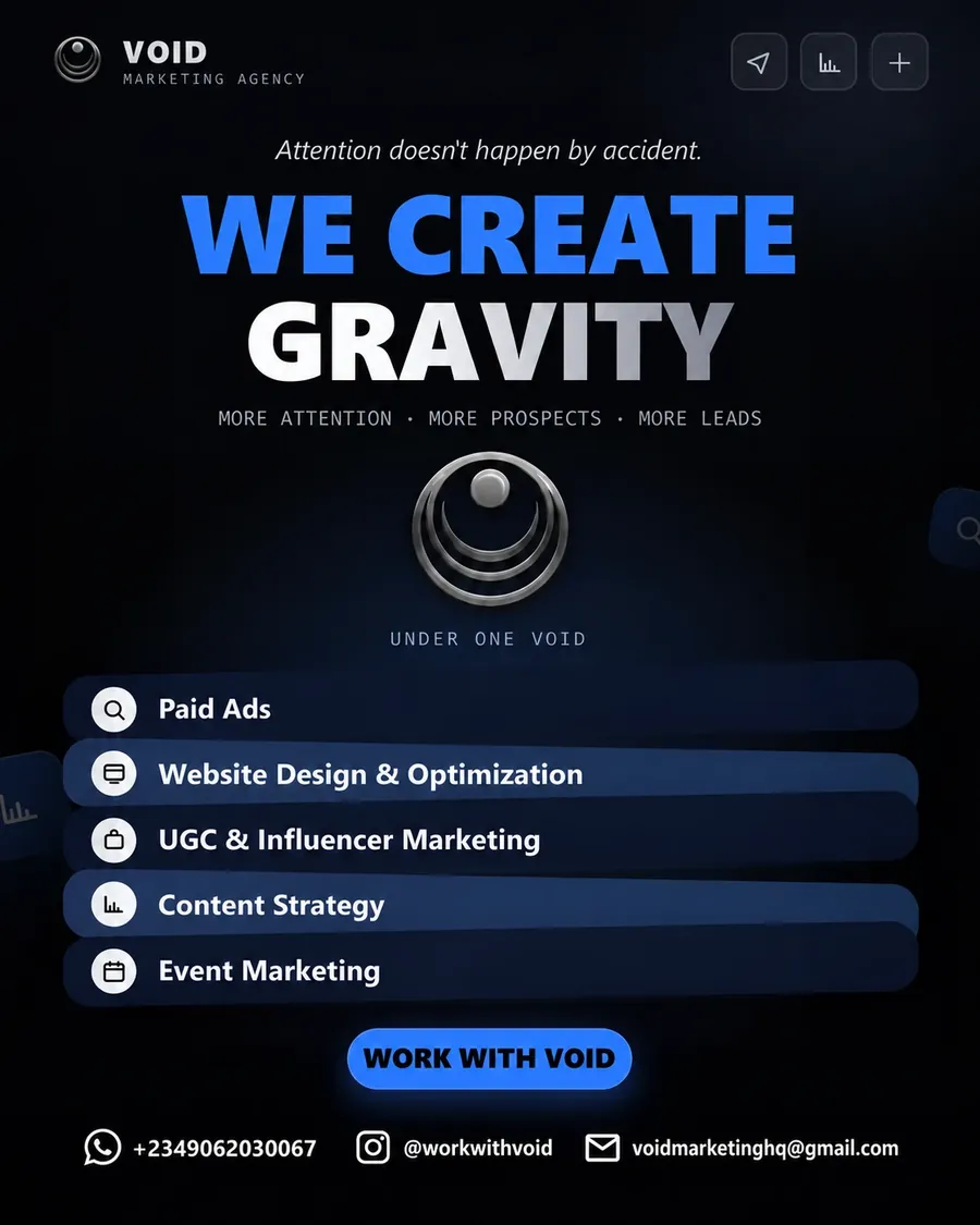 VOID launch poster: “We create gravity” with the five services listed